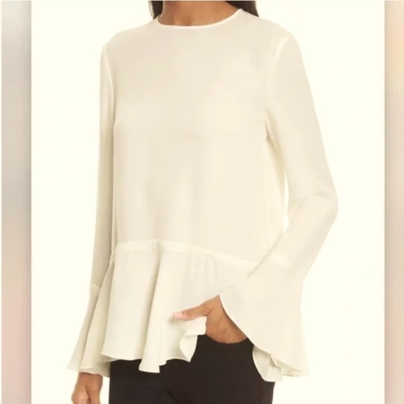 THEORY Lexandra Creamy Light Blouse Bell Sleeve Peplum Detail Size Large - Picture 1 of 16